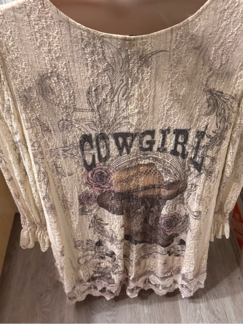 Origami Fashion Vivien Cowgirl Tunic Top with Embroidered Lace Hem Size XL Rodeo - Picture 5 of 13